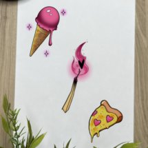 ice cream match pizza slice kawaii pink yellow tattoo design mockup