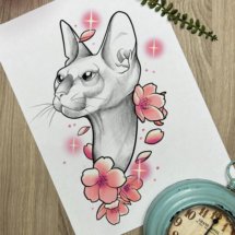 Sphynx cat fine line sakura kawaii pink tattoo design mockup