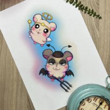 Hamtaro hamster kawaii anime game angel and demon tattoo design mockup